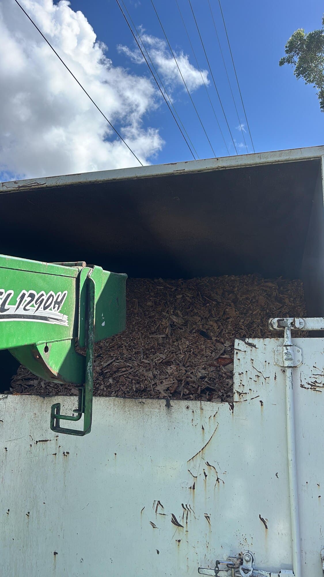 Wood chipper loaded with green waste after pruning in Northwood